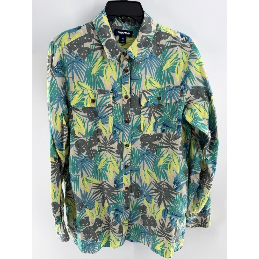 Lands' End Womens Shirt Linen Tropical Palm Button Up Top Med Beach Cocktail